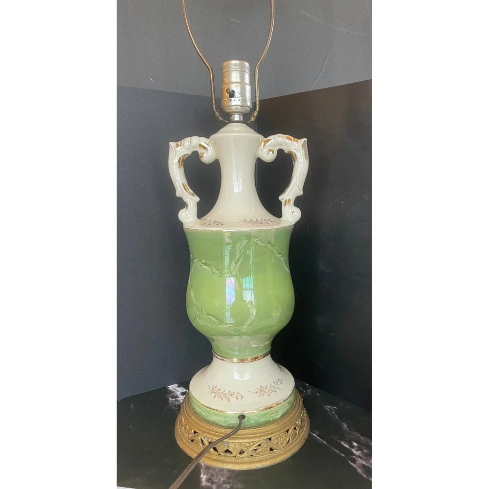 Vintage Fragonard Courting Couple Urn Lamp Green Porcelain Gold Trim Brass Base
